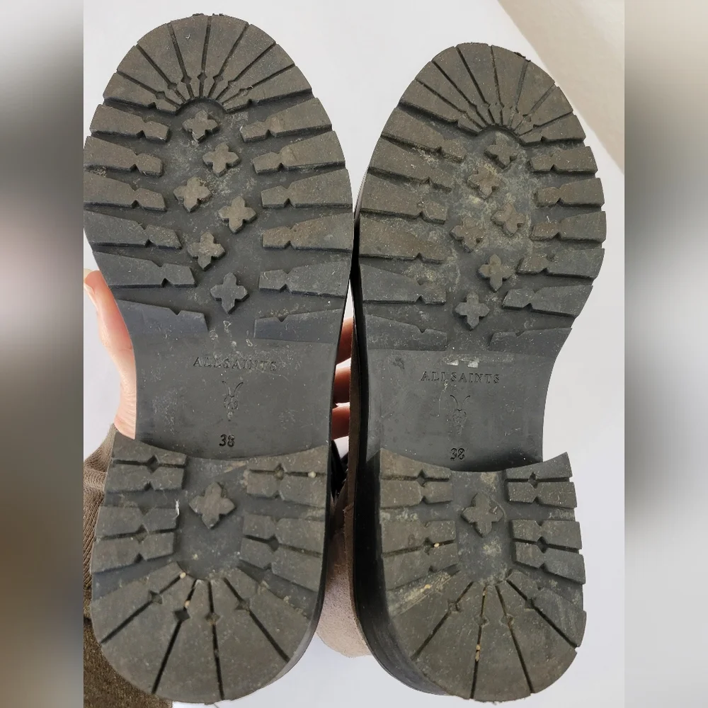 All Saints Lace Up Side Zipper Tan Taupe Suede Lug Combat Boots - Picture 9 of 13